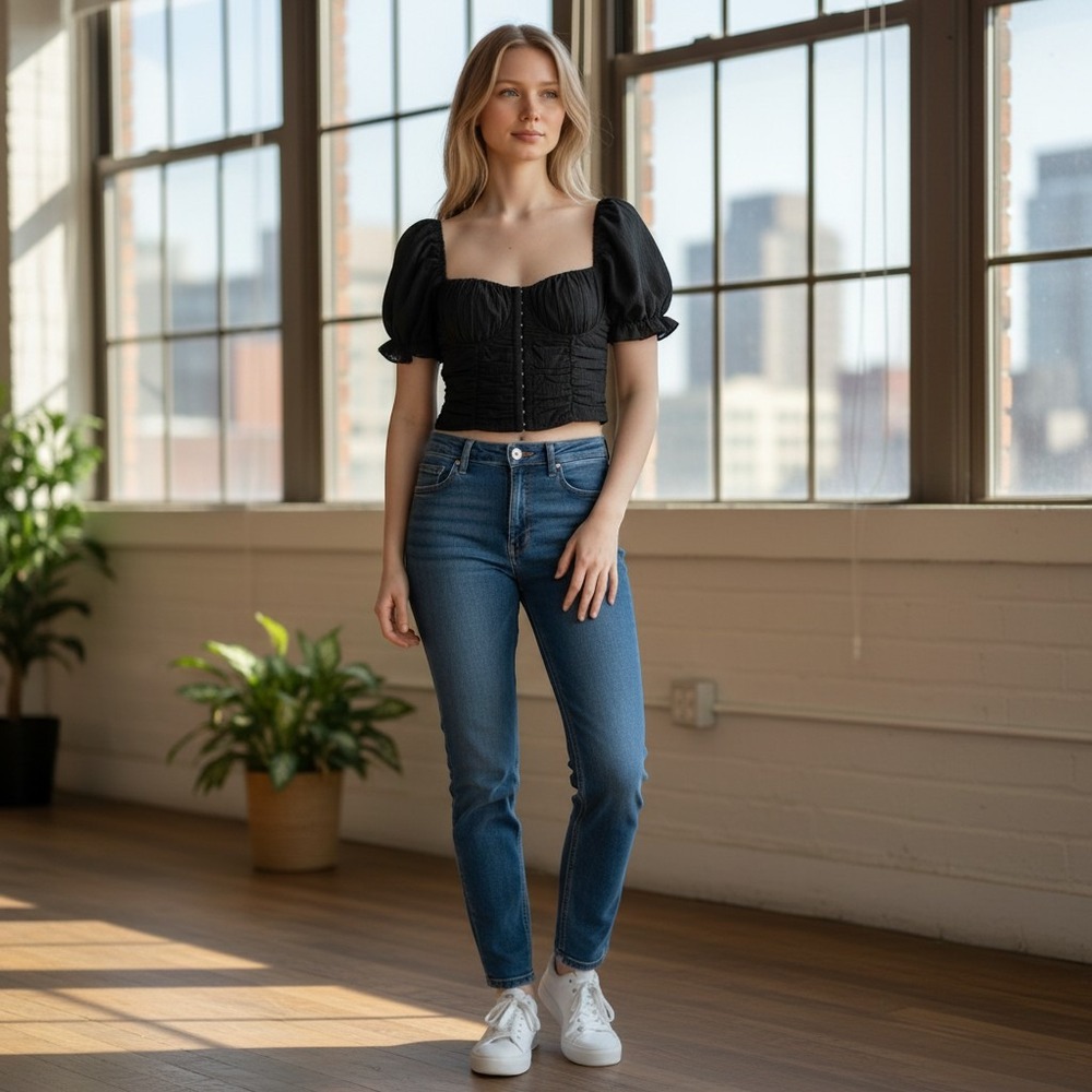 Privy Crop Top Womens Small Black Puff Sleeve‎ Ruched Milkmaid PT40873N